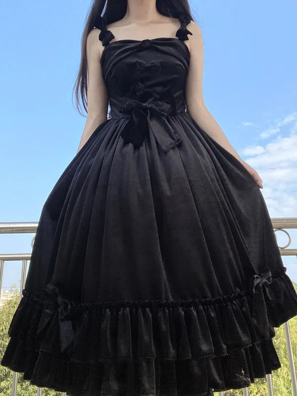 Sweet Lolita JSK Dress Neverland Bow Ruffles Velour Burgundy Lolita Jumper Skirts