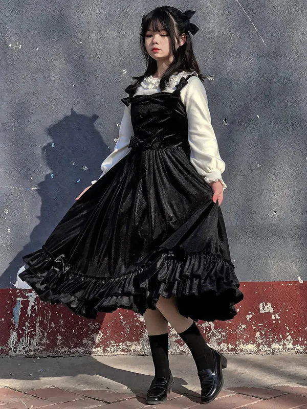 Sweet Lolita JSK Dress Neverland Bow Ruffles Velour Burgundy Lolita Jumper Skirts