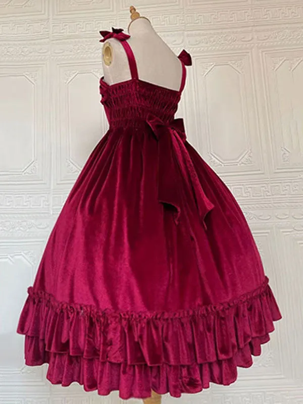 Sweet Lolita JSK Dress Neverland Bow Ruffles Velour Burgundy Lolita Jumper Skirts