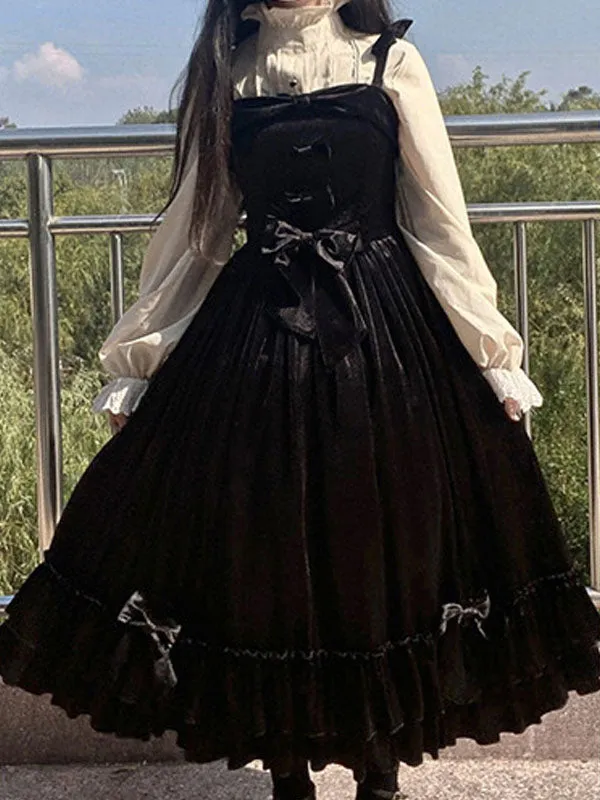 Sweet Lolita JSK Dress Neverland Bow Ruffles Velour Burgundy Lolita Jumper Skirts