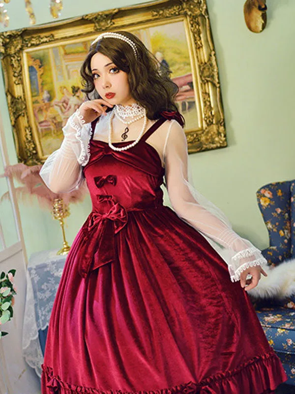 Sweet Lolita JSK Dress Neverland Bow Ruffles Velour Burgundy Lolita Jumper Skirts