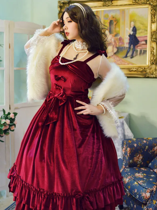 Sweet Lolita JSK Dress Neverland Bow Ruffles Velour Burgundy Lolita Jumper Skirts