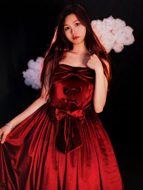 Sweet Lolita JSK Dress Neverland Bow Ruffles Velour Burgundy Lolita Jumper Skirts