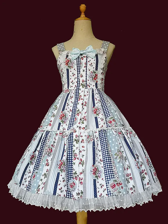 Sweet Lolita JSK Dress Sleeveless Lace Bowknot Strawberry Pattern Pink Lolita Jumper Skirts