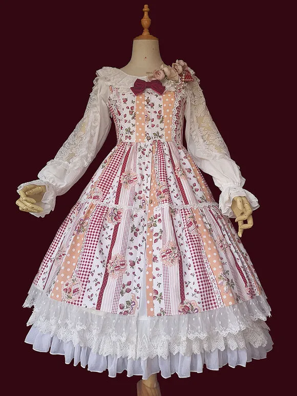 Sweet Lolita JSK Dress Sleeveless Lace Bowknot Strawberry Pattern Pink Lolita Jumper Skirts