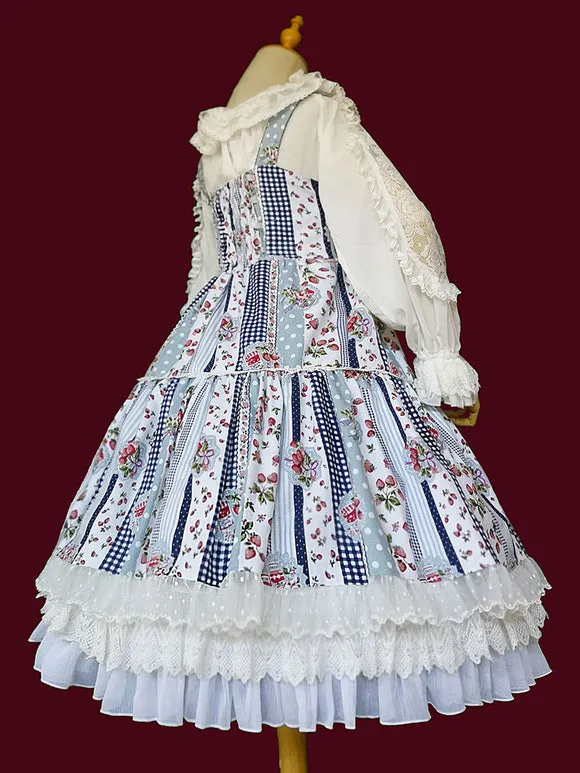 Sweet Lolita JSK Dress Sleeveless Lace Bowknot Strawberry Pattern Pink Lolita Jumper Skirts