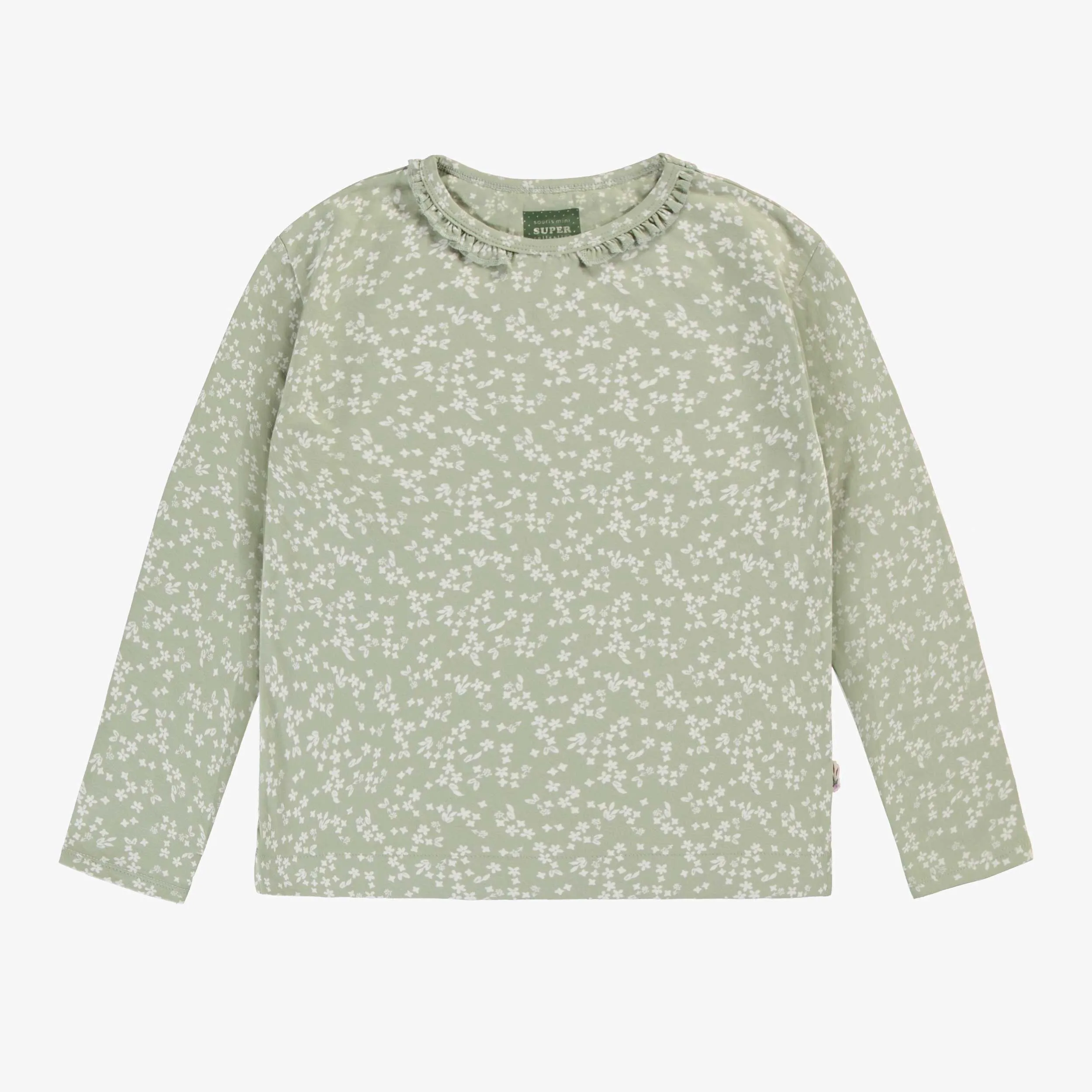 T-shirt à manches longues de coupe décontractée vert sauge fleuri en jersey, enfant || Sage green long-sleeved t-shirt with a floral print in jersey, child