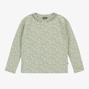 T-shirt à manches longues de coupe décontractée vert sauge fleuri en jersey, enfant || Sage green long-sleeved t-shirt with a floral print in jersey, child