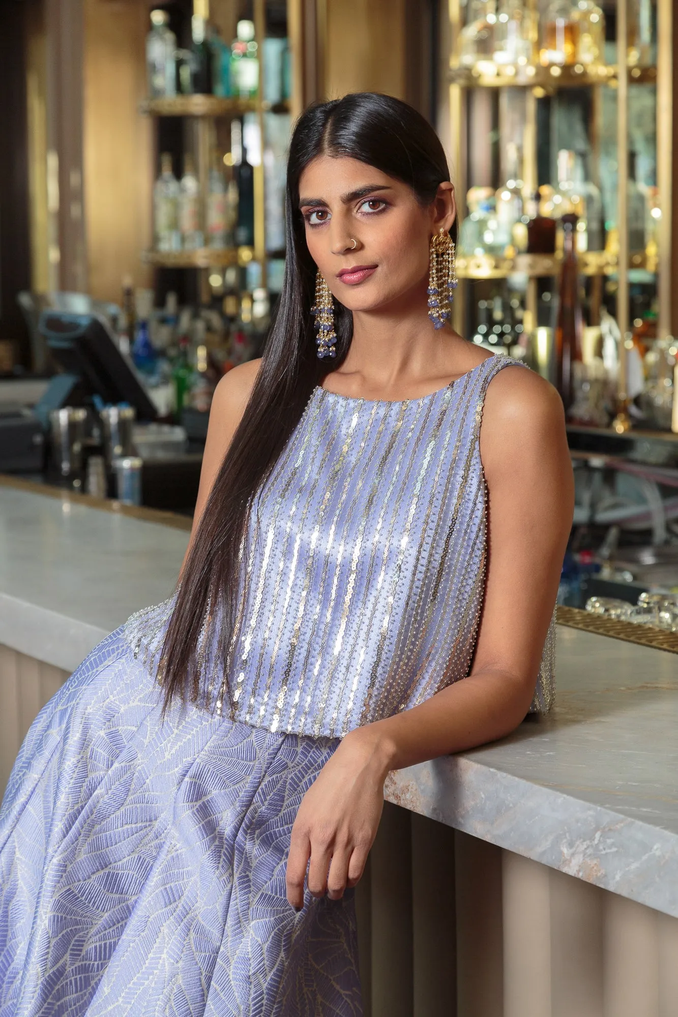 TANIA Striped Beaded Sequin Top