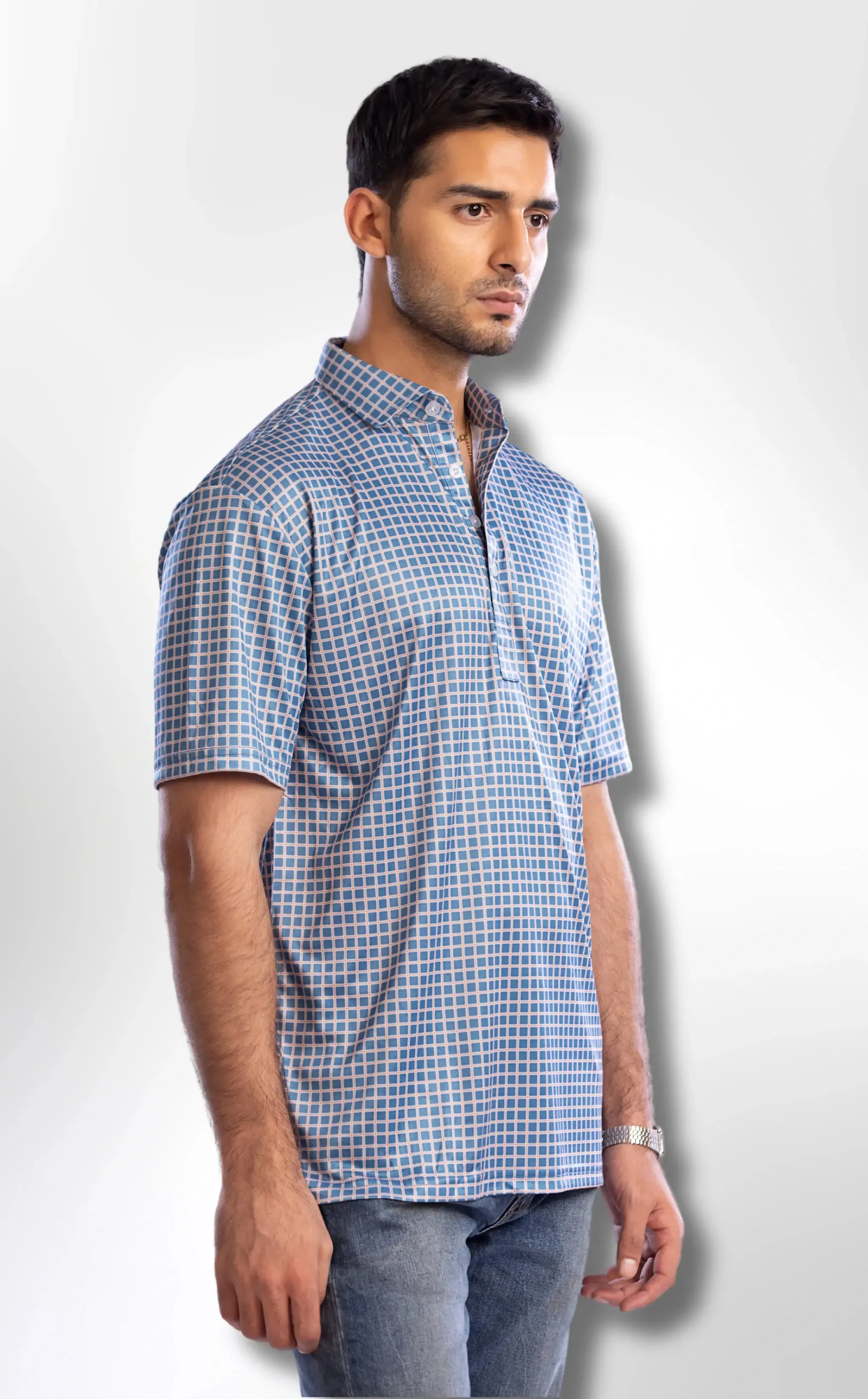 The Dressy Polo Semi-Spread Collar Blue with White Grid Check