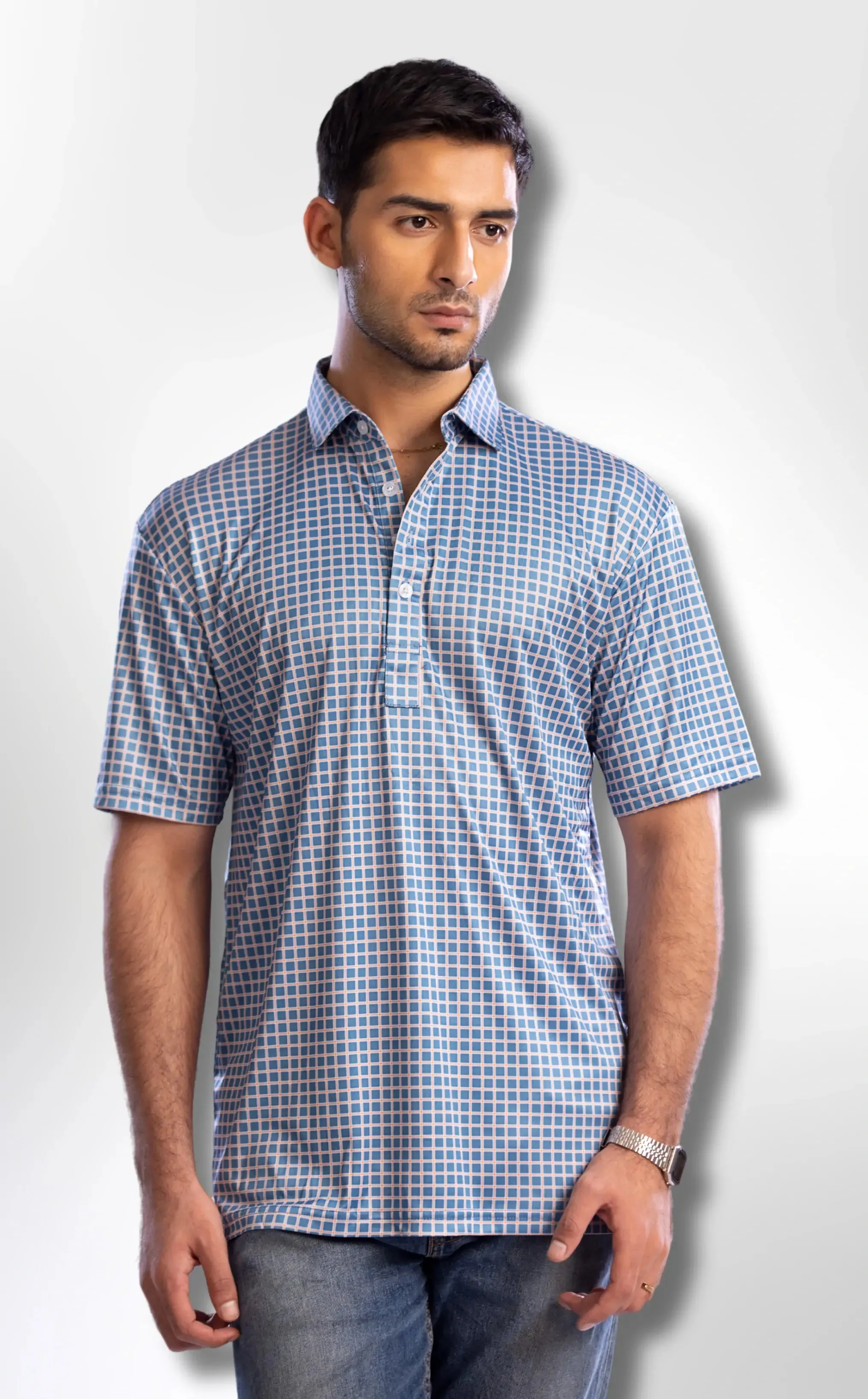 The Dressy Polo Semi-Spread Collar Blue with White Grid Check