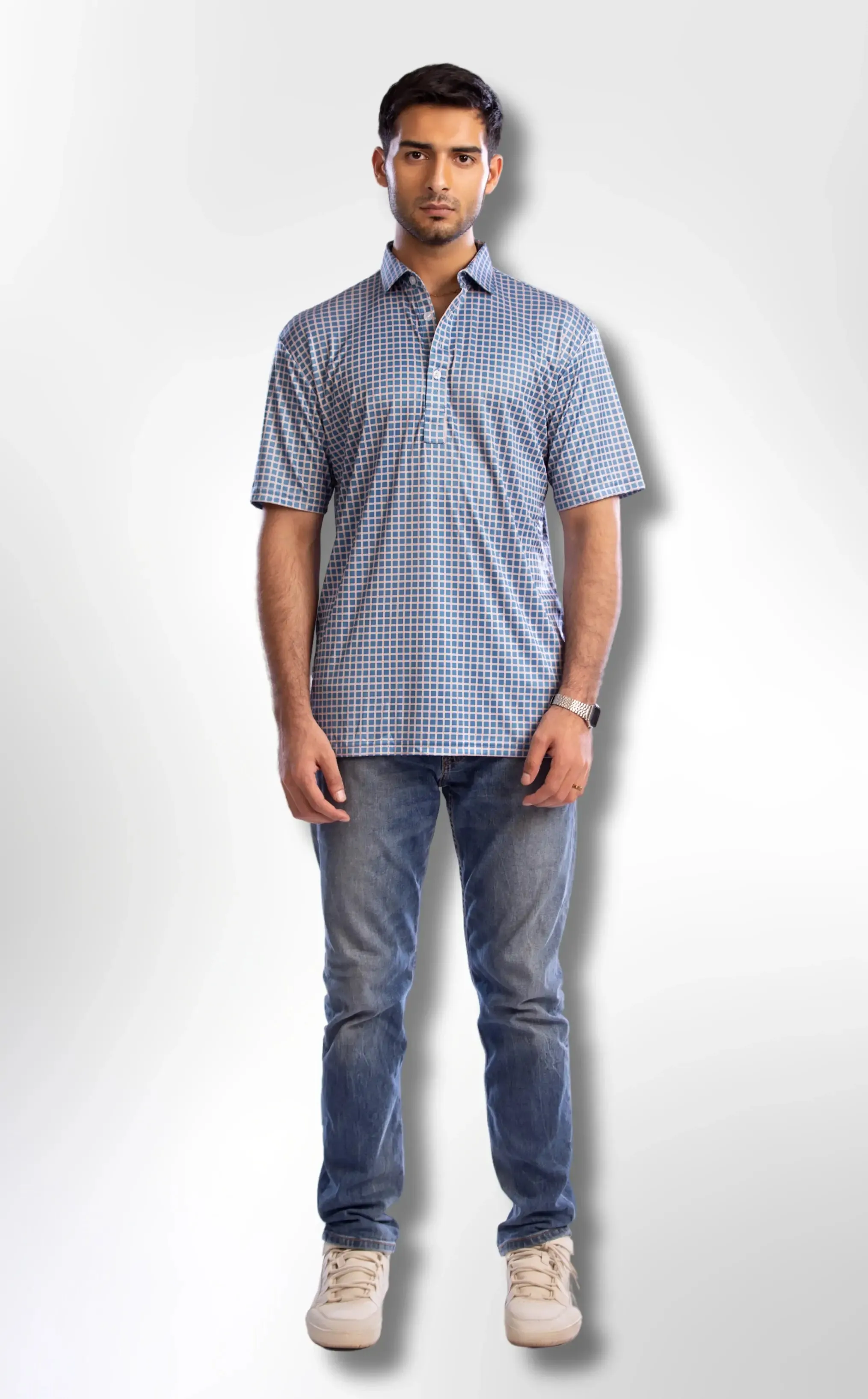 The Dressy Polo Semi-Spread Collar Blue with White Grid Check