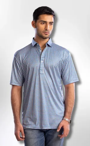 The Dressy Polo Semi-Spread Collar Blue with White Grid Check