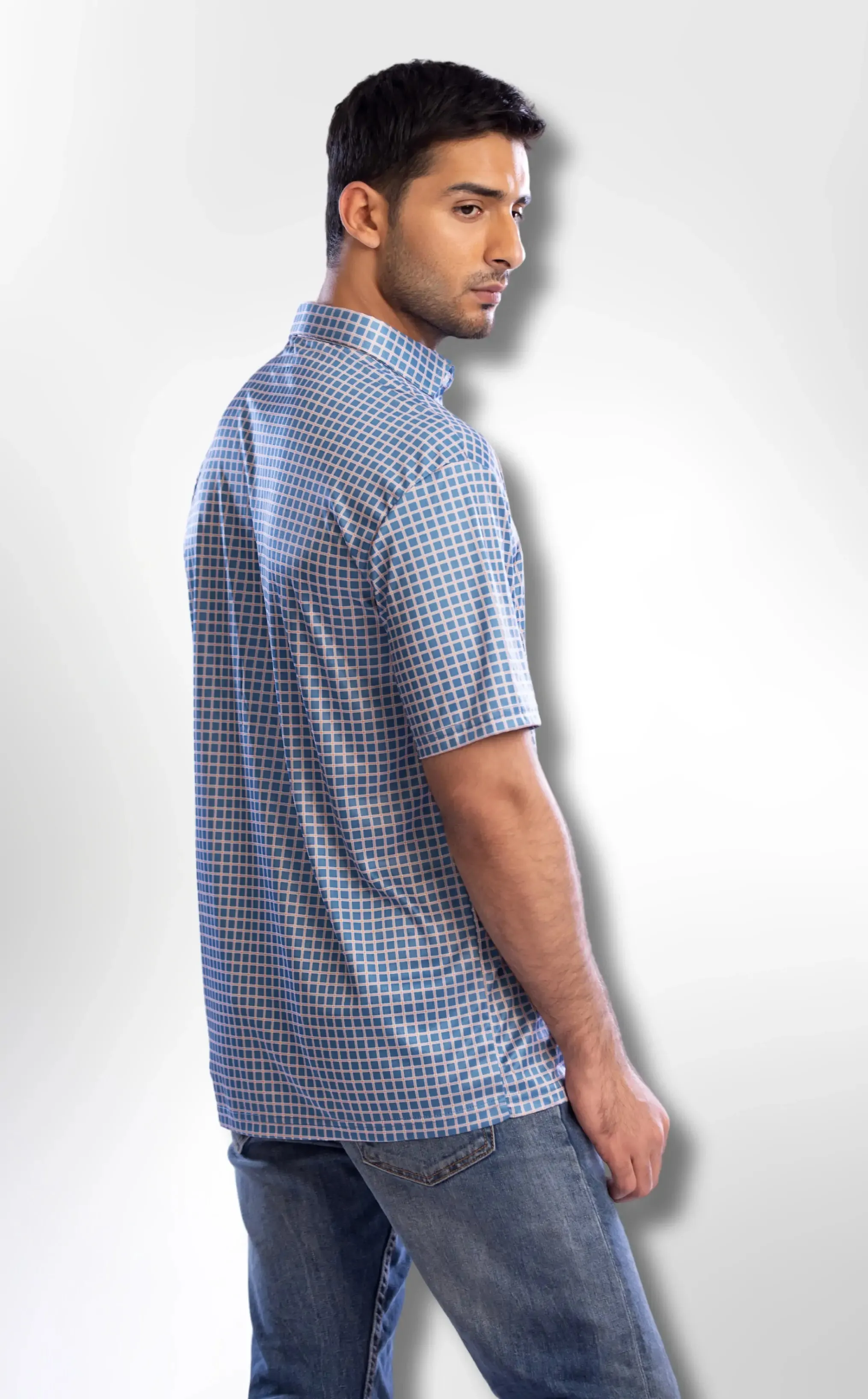 The Dressy Polo Semi-Spread Collar Blue with White Grid Check