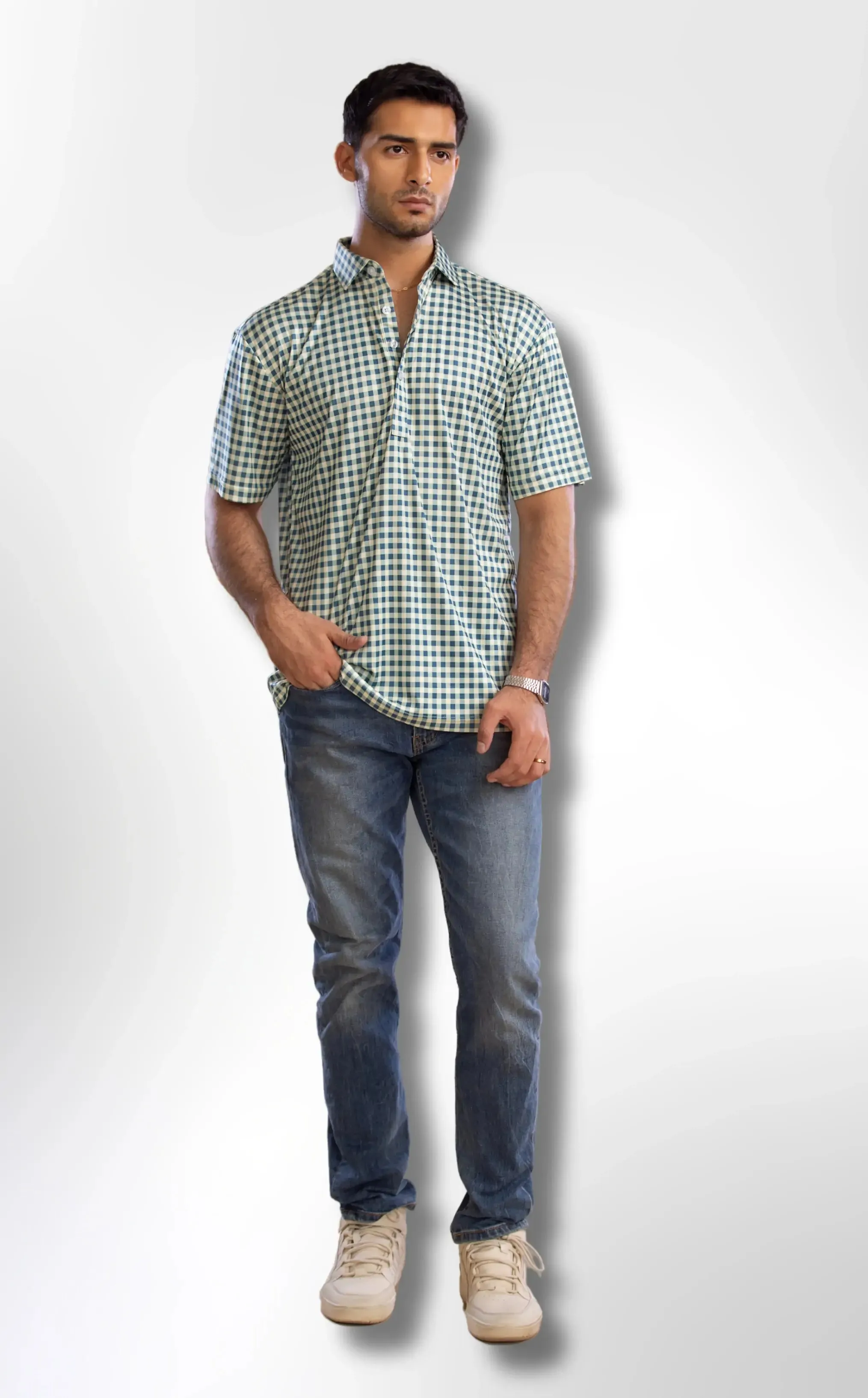 The Dressy Polo Semi-Spread Collar Green and Brown Gingham