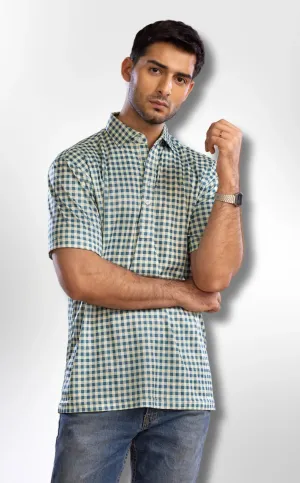 The Dressy Polo Semi-Spread Collar Green and Brown Gingham