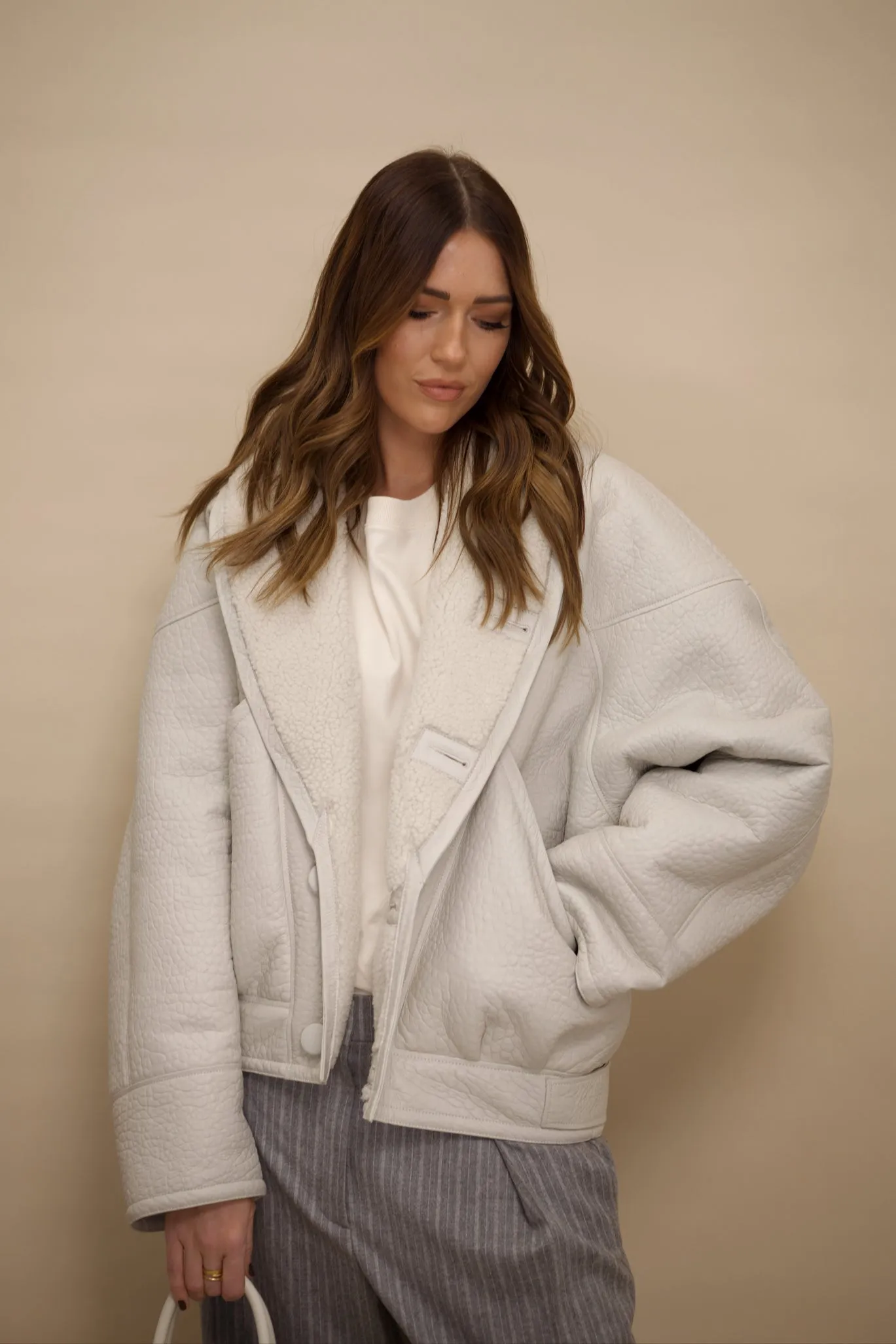 TIMOTHY Shearling Leather Jacket in Cloud White