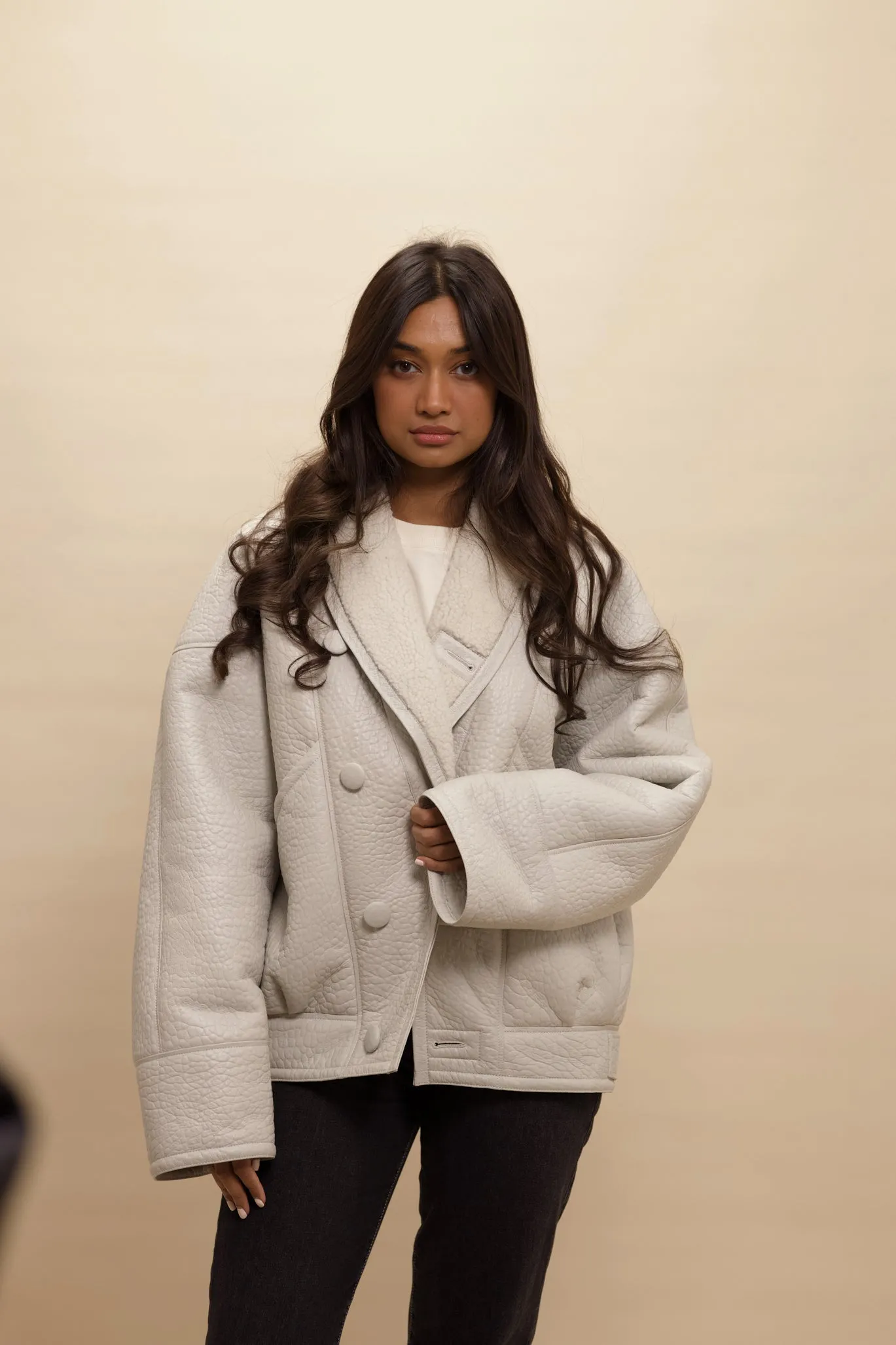 TIMOTHY Shearling Leather Jacket in Cloud White