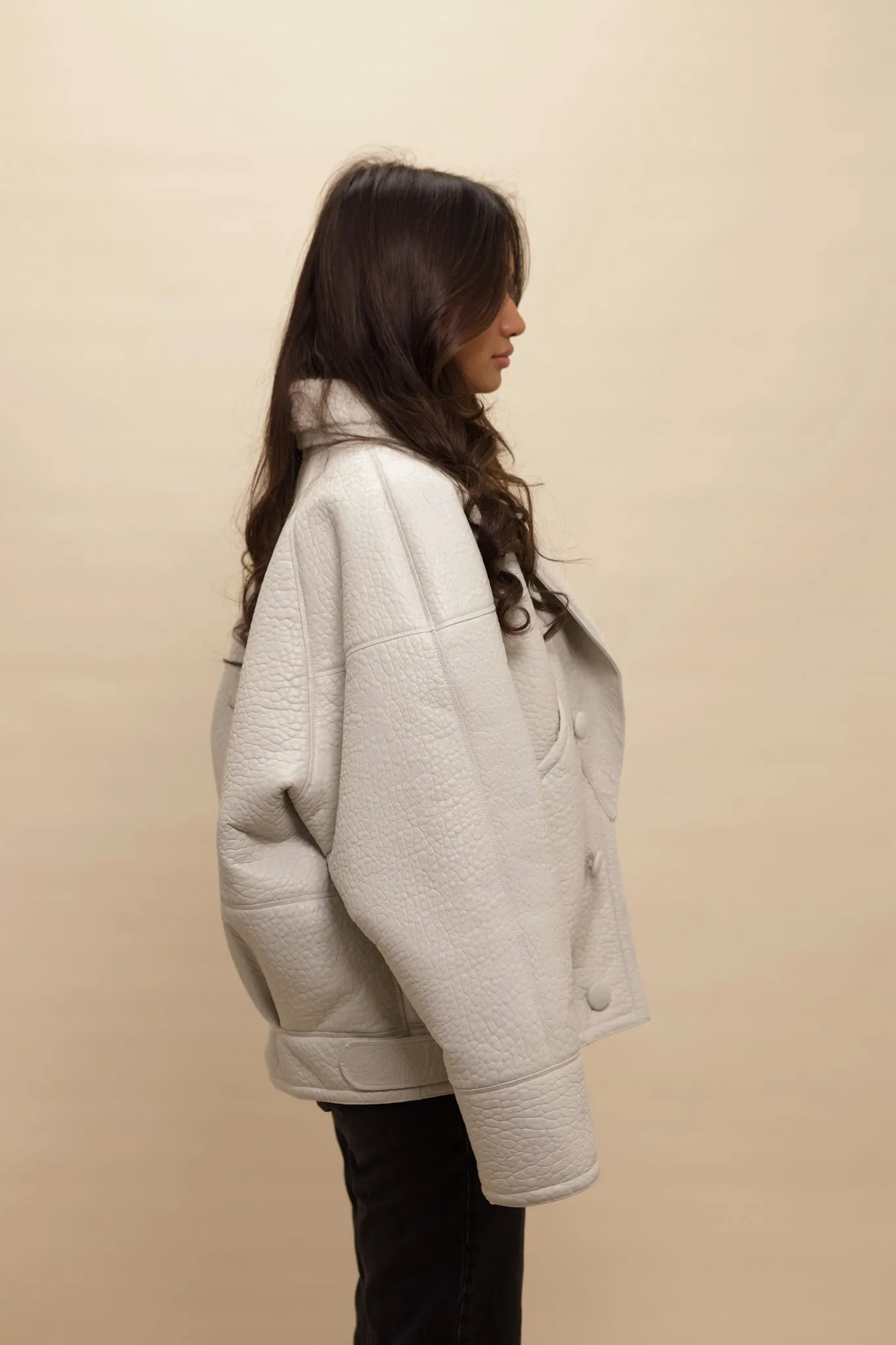 TIMOTHY Shearling Leather Jacket in Cloud White