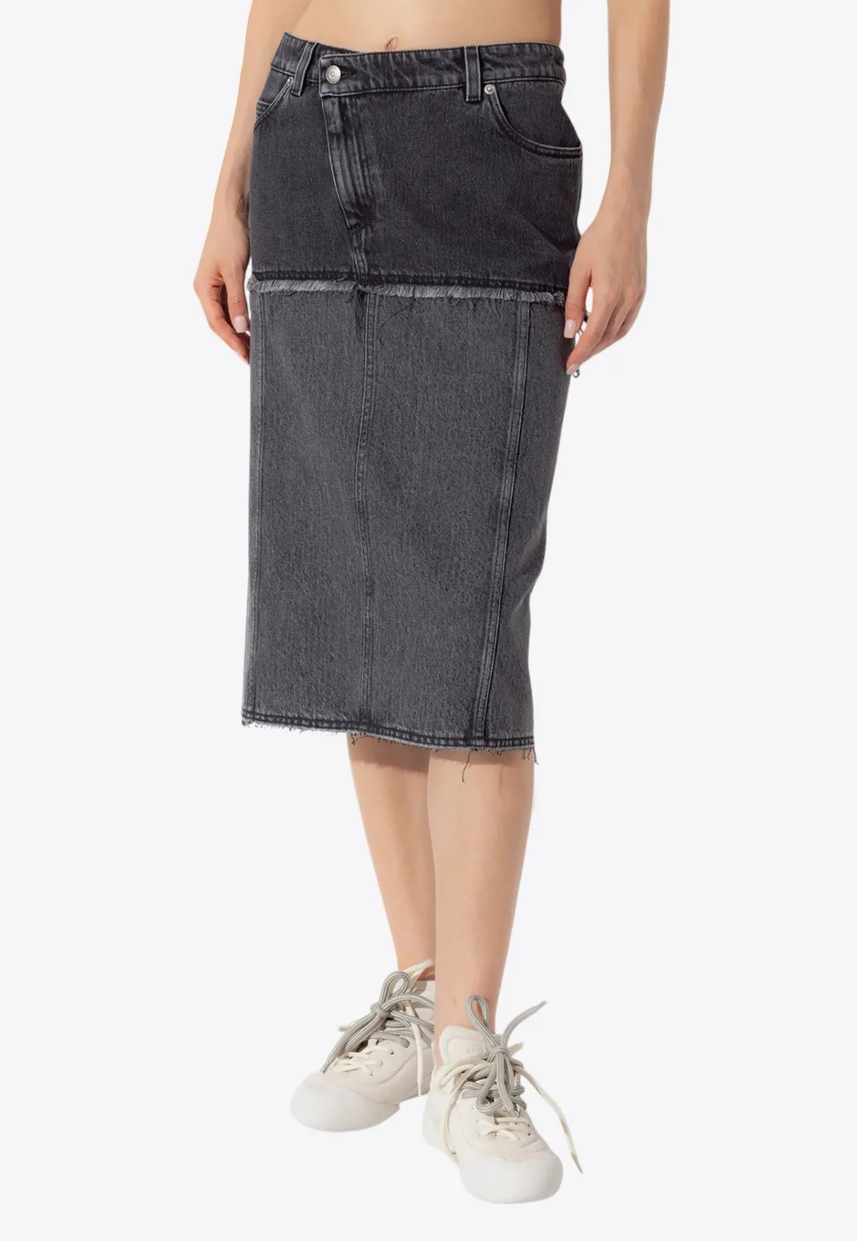 Two-Tone Denim Frayed Skirt
