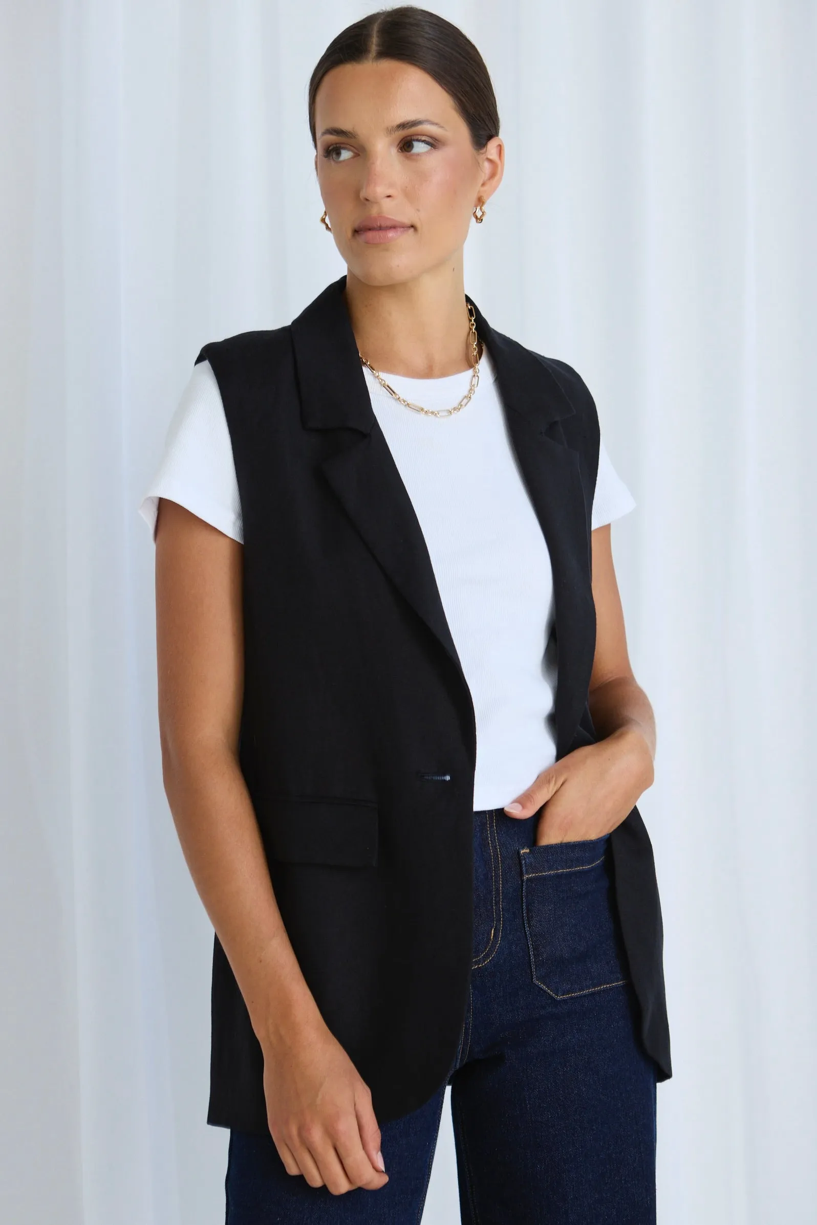 Vancouver Black Linen Longline Vest