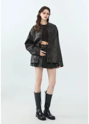 Vintage Loose PU Leather Jacket with Stand Collar