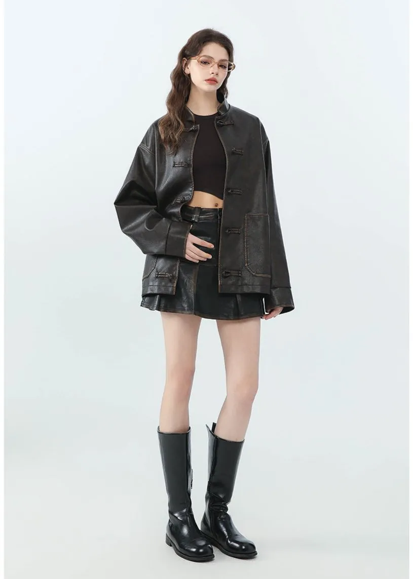 Vintage Loose PU Leather Jacket with Stand Collar