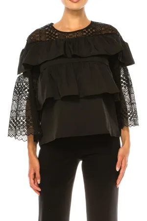 Vivid Floral Embroidered Tiered Trumpet Sleeve Top