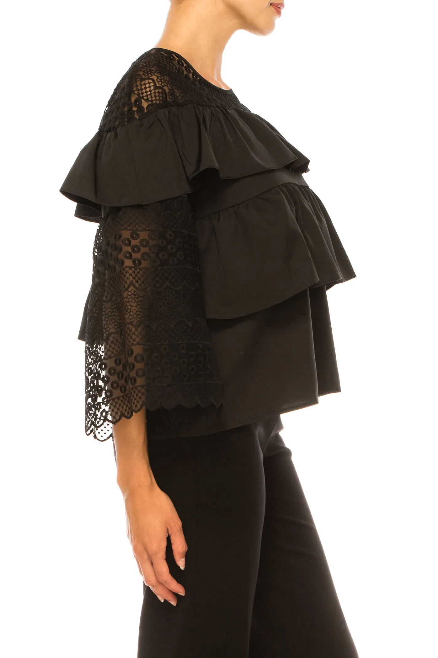 Vivid Floral Embroidered Tiered Trumpet Sleeve Top