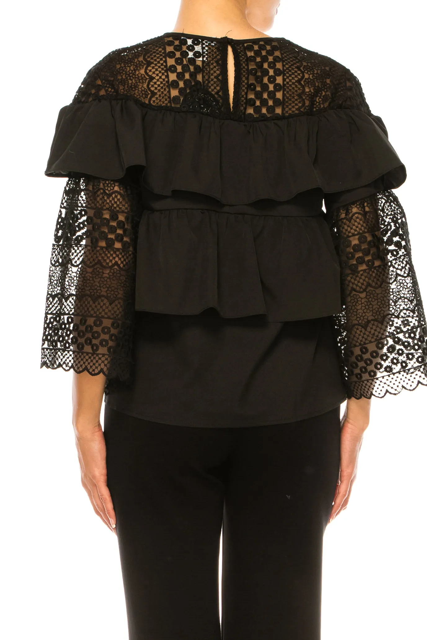 Vivid Floral Embroidered Tiered Trumpet Sleeve Top