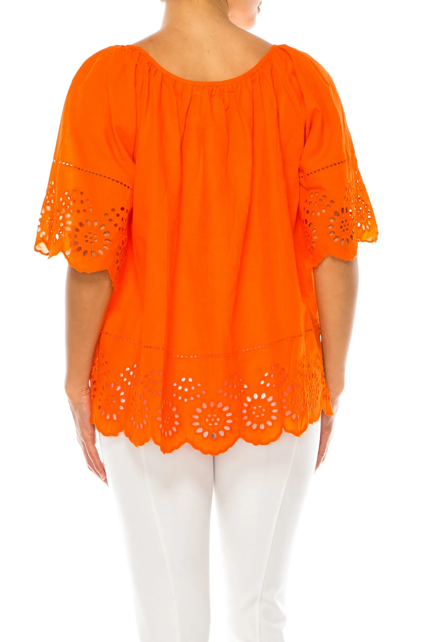Vivid Short Sleeve Loose Fitting Eyelet Top