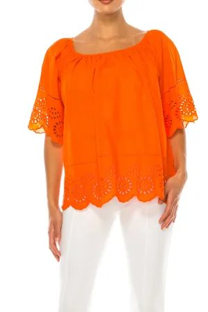 Vivid Short Sleeve Loose Fitting Eyelet Top