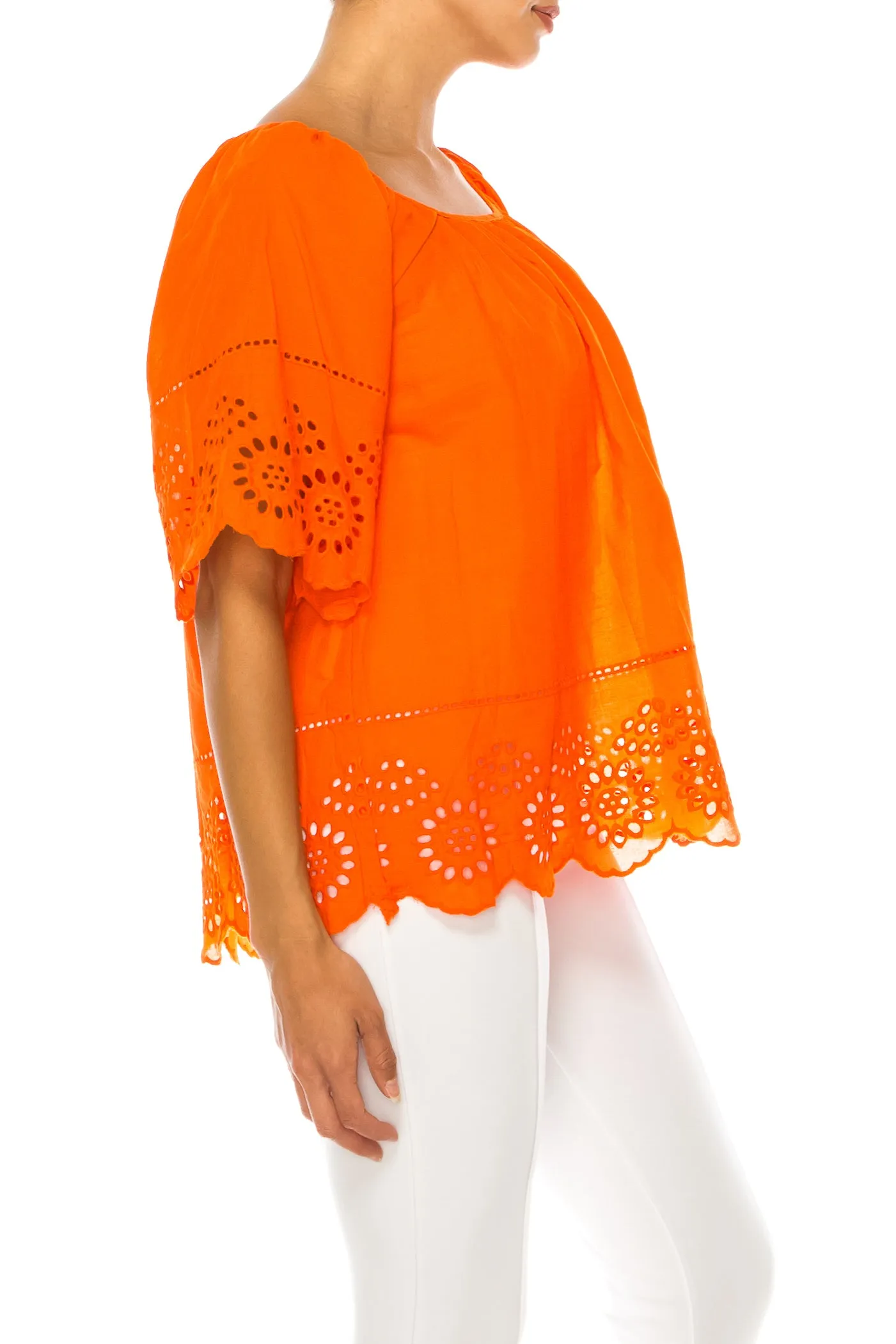 Vivid Short Sleeve Loose Fitting Eyelet Top
