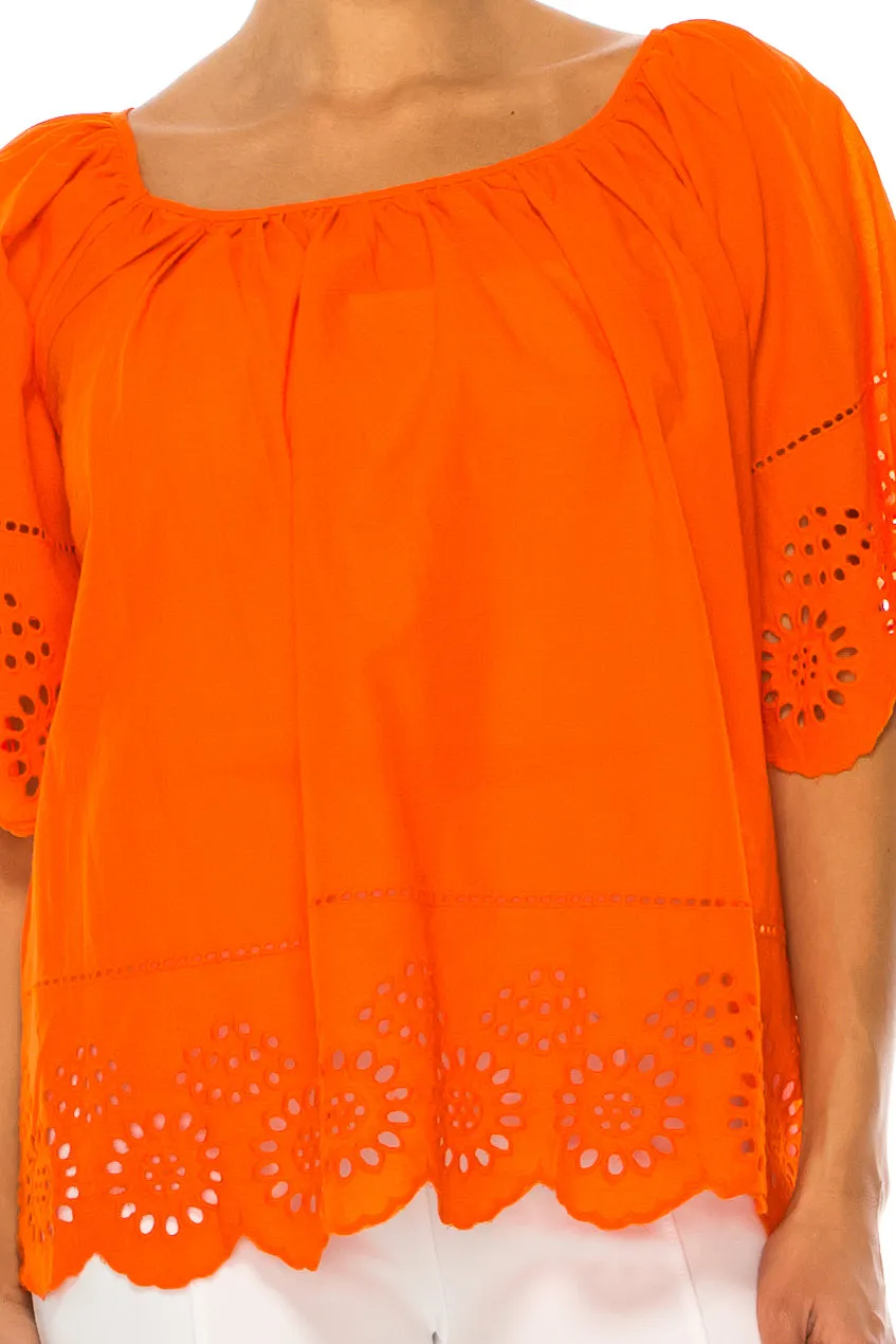 Vivid Short Sleeve Loose Fitting Eyelet Top
