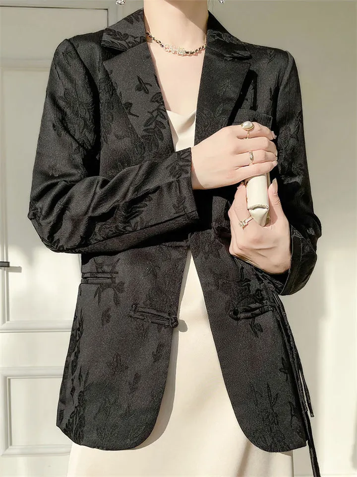 Vogue Satin Jacquard Notched Collar Tassel Jacket for Women