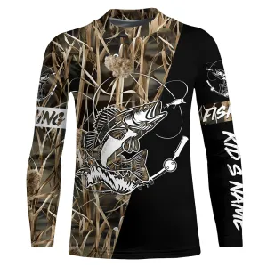 Walleye Fishing Tattoo camo black version Customize UV protection long sleeves fishing shirt for kid NPQ68