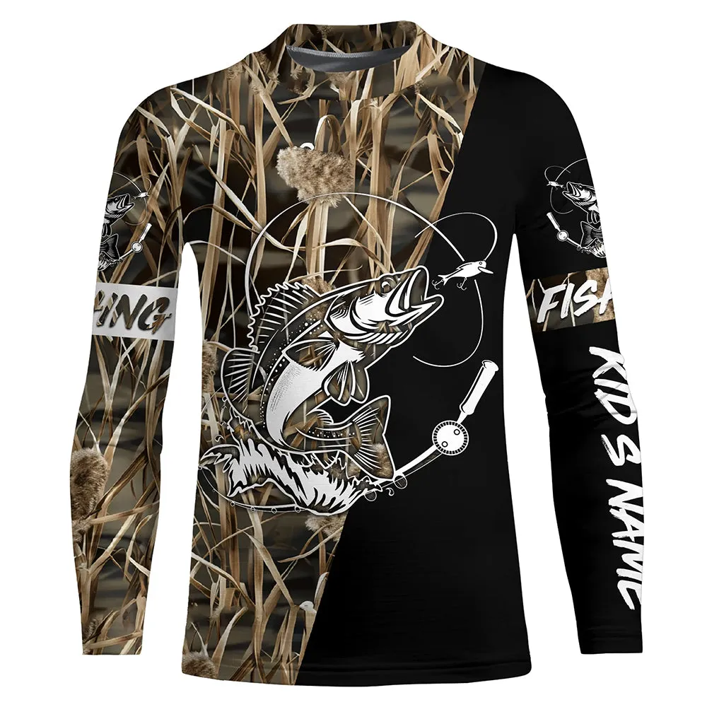 Walleye Fishing Tattoo camo black version Customize UV protection long sleeves fishing shirt for kid NPQ68