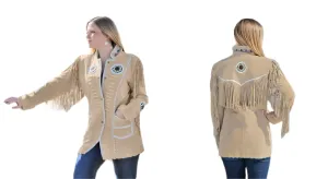 Western Fringe Beige Suede Leather Beaded Jacket for Women Cowgirl WFJ214