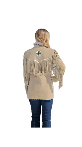 Western Fringe Beige Suede Leather Beaded Jacket for Women Cowgirl WFJ214