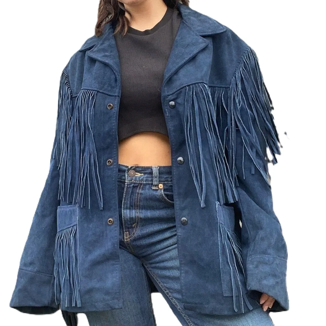 Western Fringe Blue Suede Leather Jacket for Women WFJ302