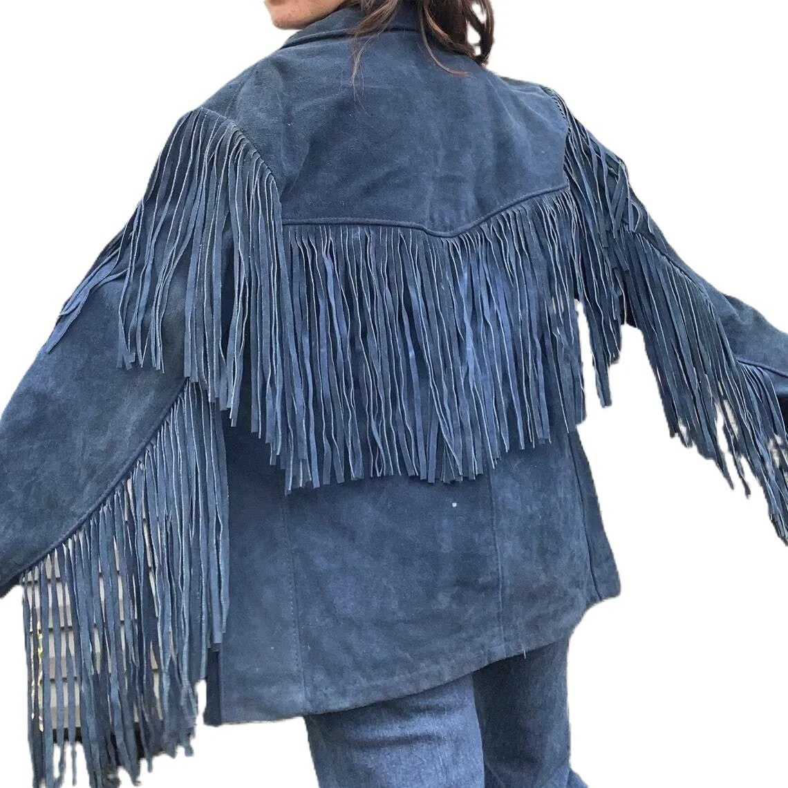 Western Fringe Blue Suede Leather Jacket for Women WFJ302
