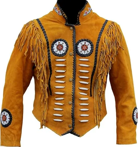 Western Fringe Brown Suede Leather Bone Beaded Jacket for Women WFJ506