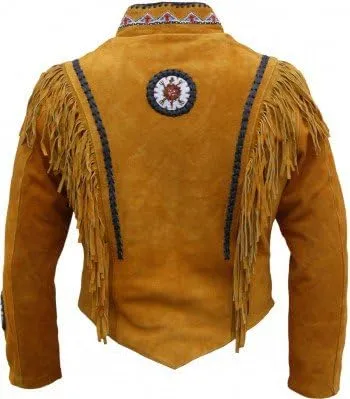 Western Fringe Brown Suede Leather Bone Beaded Jacket for Women WFJ506