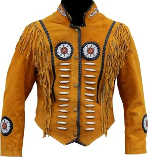 Western Fringe Brown Suede Leather Bone Beaded Jacket for Women WFJ506