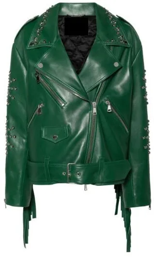Western Fringe Green Leather Jacket Stud Biker Jacket for Women WFJ403