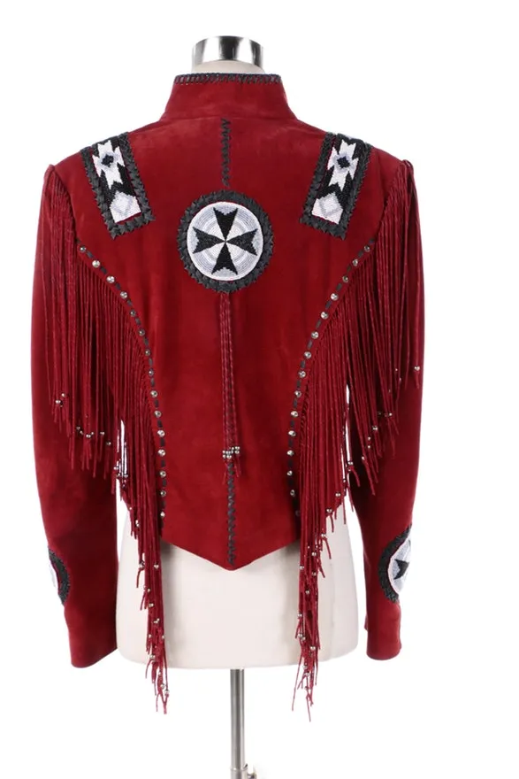 Western Fringe Red Suede Leather Beaded Jacket for Women WFJ813