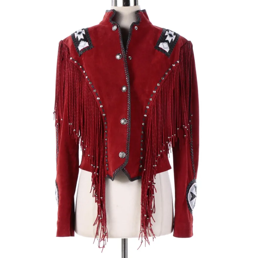 Western Fringe Red Suede Leather Beaded Jacket for Women WFJ813