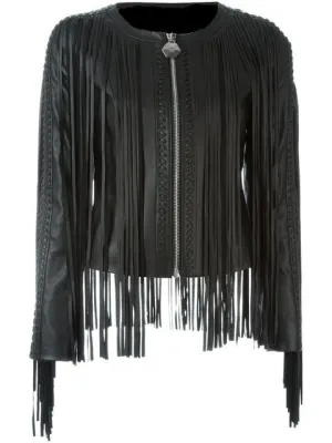 Western Long Fringe Black Leather Jacket for Women Cowgirl WFJ758
