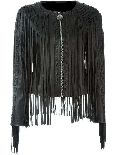 Western Long Fringe Black Leather Jacket for Women Cowgirl WFJ758