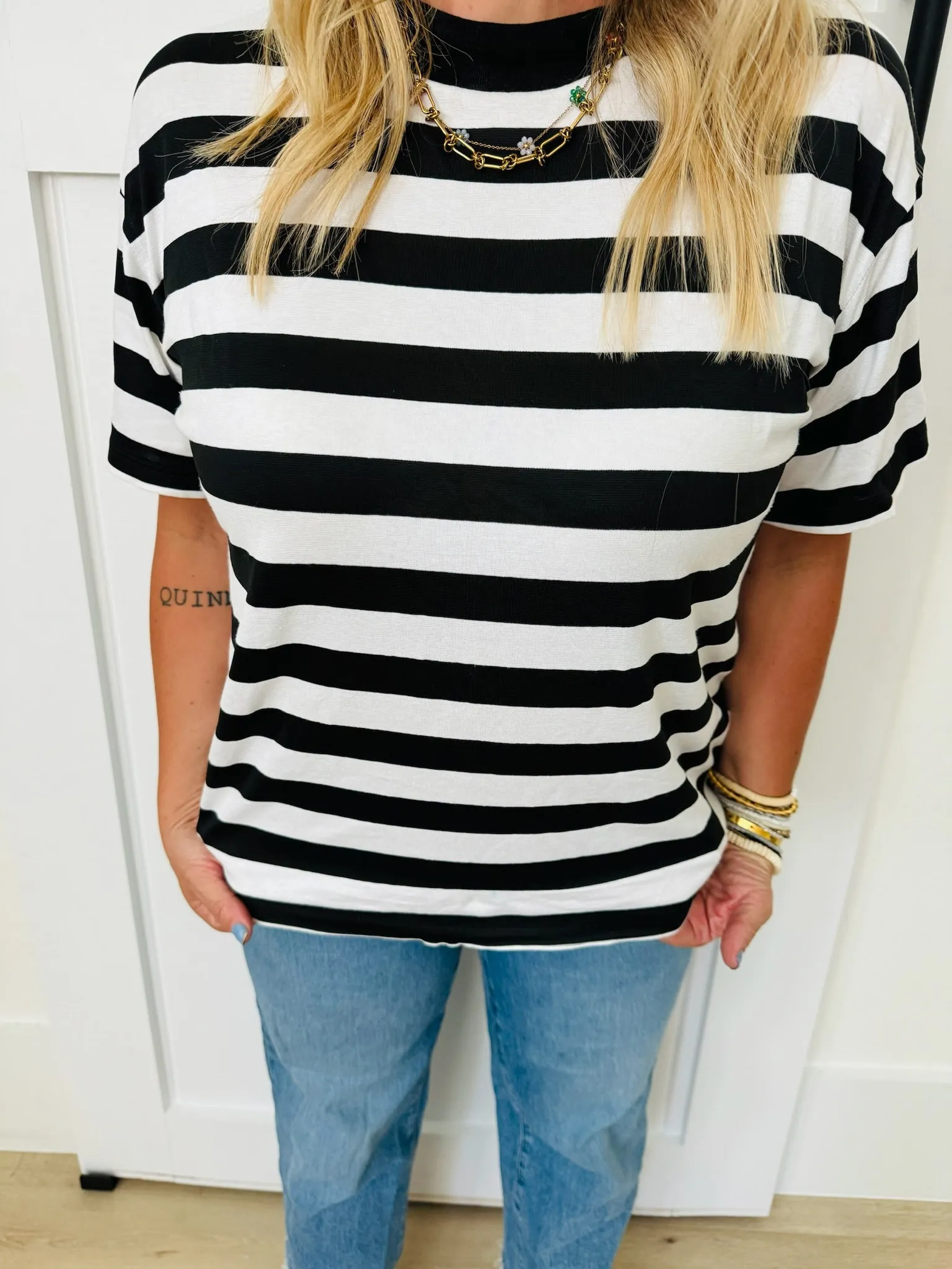 Women Basics High Neck Striped T-Shirt